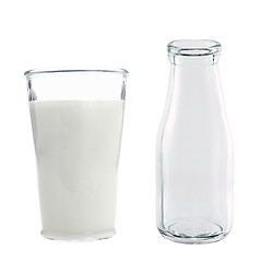 Image showing Glass of milk with bottle isolated on white