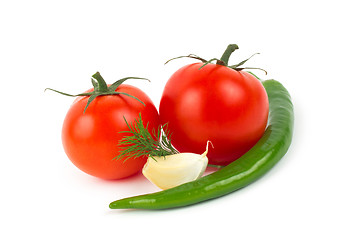 Image showing Chili pepper, garlic and tomatos isolated