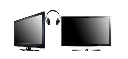 Image showing two LCD high definition flat screen TV with headphone