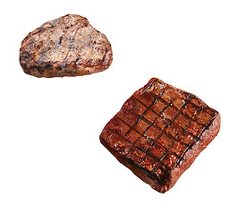 Image showing two grilled boneless rib eye steaks isolated