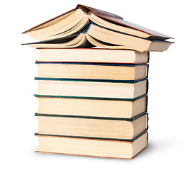 Image showing Stack of six old books with two open top rotated