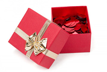 Image showing Red hearts confetti in box on white background