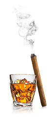 Image showing Whiskey with ice and cigar