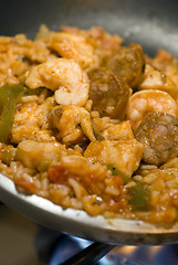 Image showing  Jambalaya southern usa creole dish of shrimps chicken ham pork wild rice sausage and vegetables spicy