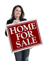Image showing Hispanic Woman Holding Home For Sale Real Estate Sign