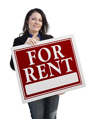 Image showing Hispanic Woman Holding For Rent Sign On White