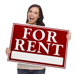 Image showing Mixed Race Female Holding For Rent Sign on White