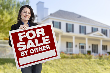 Image showing Female Holding Sale By Owner Sign In Front of House