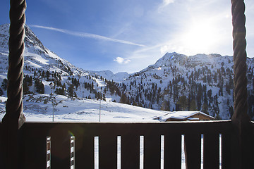 Image showing Beautiful view from a ski hut in snowy mountains