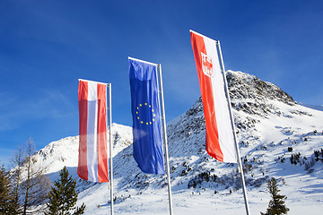 Image showing Flags at the Border crossing from Italy to Austria