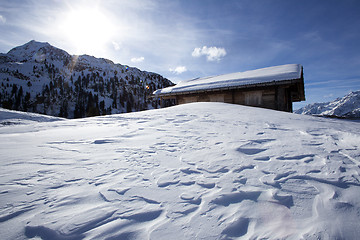 Image showing Ski hut in the snowy Austrian Alps
