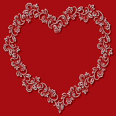 Image showing Vector floral frame in the shape of hearts on a red background