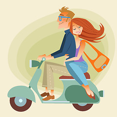 Image showing Lovers man and woman on retro bike going down the road