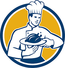 Image showing Chef Cook Serving Chicken Platter Circle Retro