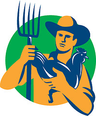 Image showing Organic Farmer Pitchfork Chicken Retro