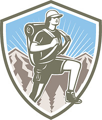 Image showing Female Hiker Hiking Mountain Shield Retro