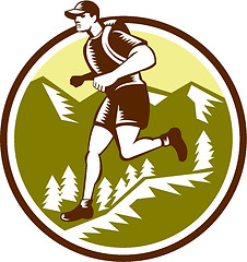 Image showing Cross Country Runner Mountains Circle Woodcut