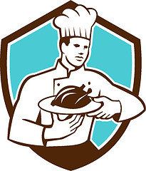 Image showing Chef Cook Serving Chicken Platter Shield Retro