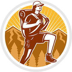 Image showing Female Hiker Hiking Mountain Circle Retro