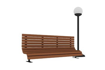 Image showing 3D render of a bench and a street light