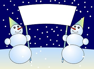 Image showing Snowmen holding empty sign