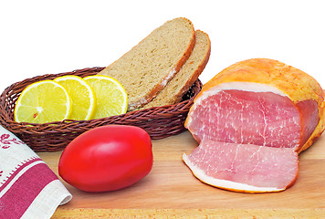 Image showing Ham , bread and vegetables on a white background.