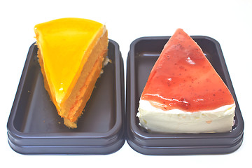 Image showing Dessert Orange Cheesecake with Strawberry cheesecake