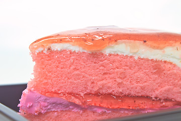 Image showing Strawberry cheesecake in plate on background