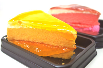 Image showing Dessert Orange Cheesecake with Strawberry cheesecake