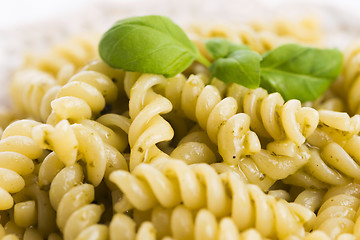 Image showing italian fusilli pasta and fresh homemade pesto sauce 