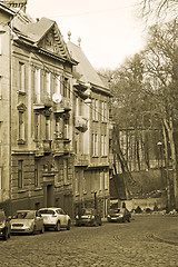 Image showing Old dwelling houses in Lviv, Ukraine, sepia