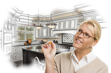 Image showing Woman With Pencil Over Custom Kitchen Design Drawing and Photo C