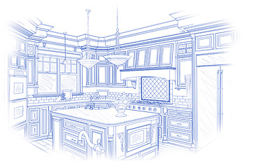 Image showing Blue Custom Kitchen Design Drawing on White