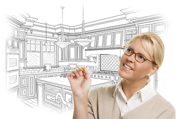 Image showing Woman With Pencil Over Custom Kitchen Design Drawing