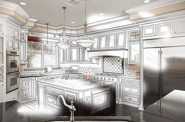 Image showing Beautiful Custom Kitchen Design Drawing and Photo Combination