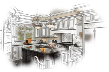 Image showing Beautiful Custom Kitchen Design Drawing and Photo Combination