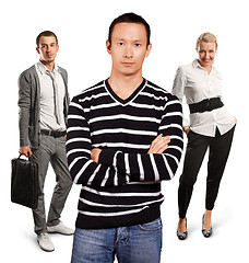 Image showing Teamwork and Asian Man In Striped Pullover