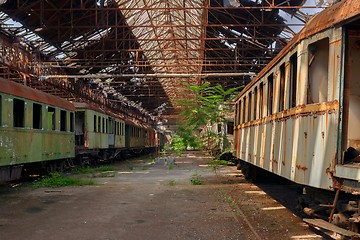 Image showing Cargo trains in old train depot