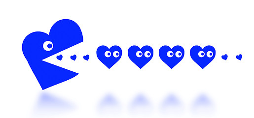 Image showing Concept of dating - big Pacman heart hunting small hearts