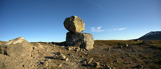 Image showing Big boulders on mountain plateau panoramic photo, Valdresflye, Jotunheimen, Norway