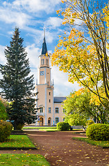 Image showing Autumn landscape in the park in front of City Hall in Sillamae, 