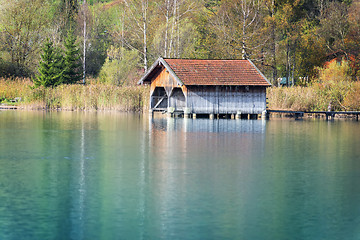 Image showing boathouses at lake Kochelsee