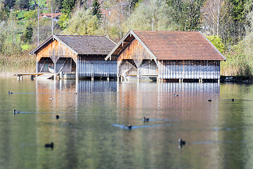 Image showing boathouses at lake Kochelsee