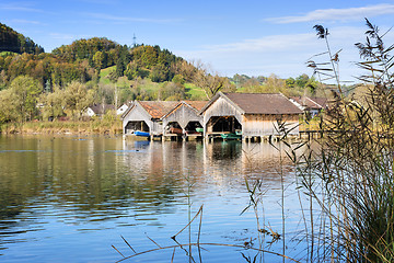 Image showing boathouses and reed at lake Kochelsee