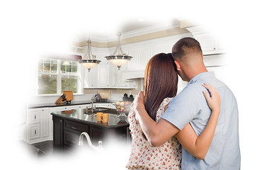 Image showing Daydreaming Young Military Couple Over Custom Kitchen Photo Thou