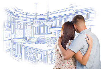 Image showing Young Military Couple Looking Over Custom Kitchen Design Drawing