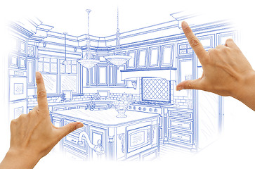 Image showing Hands Framing Blue Custom Kitchen Design Drawing