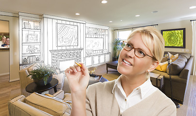 Image showing Woman with Pencil Over Custom Room and Design Drawing