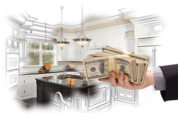 Image showing Hand Holding Cash Over Kitchen Design Drawing and Photo Combinat