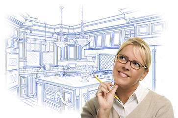 Image showing Woman With Pencil Over Custom Kitchen Design Drawing